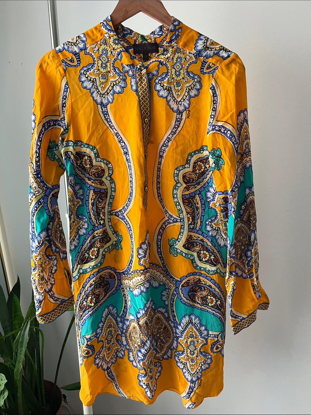 Hale Bob Yellow Paisley Long-Sleeve Tunic Dress with Teal Accents
